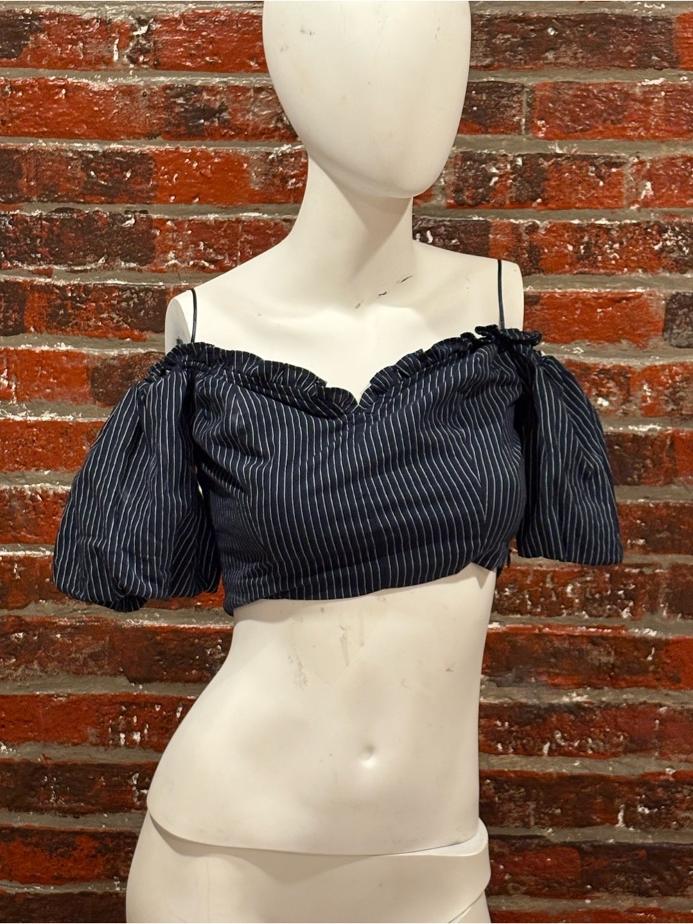 Dress Forum Navy and White Pinstripe Off-Shoulder Crop Top